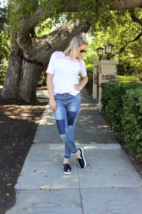 White Tee. Patch Jeans.